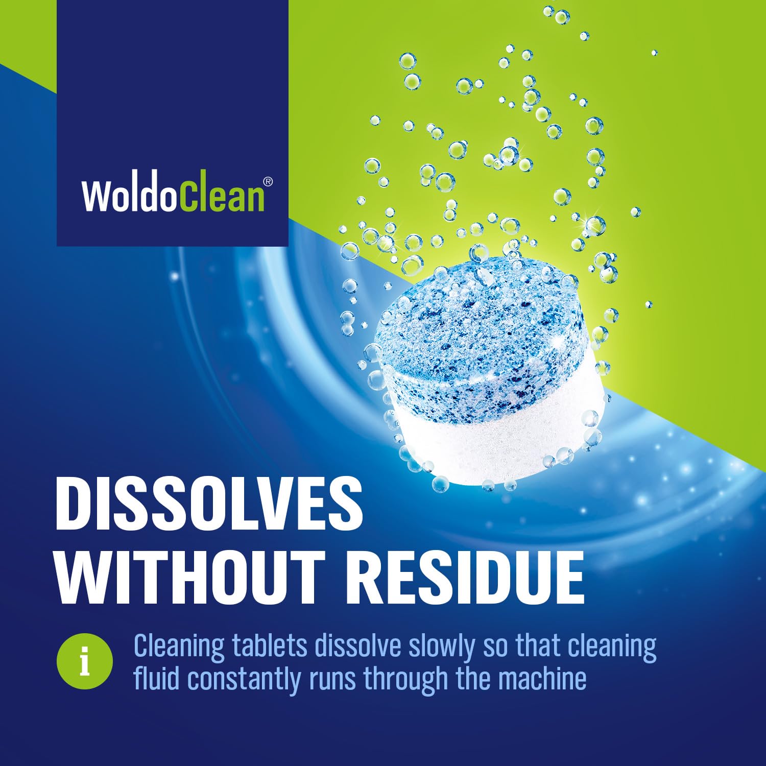 Dissolving first-phase action removes stubborn coffee grease with WoldoClean.