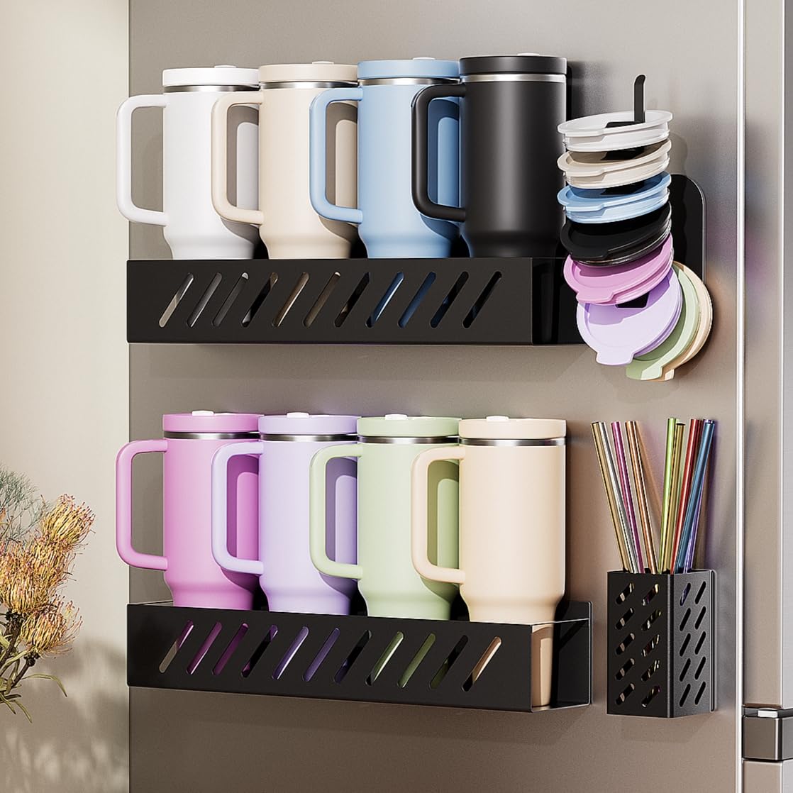 Wolera 2-Pack Magnetic Stanley Cup Holder mounted on a fridge for quick access.