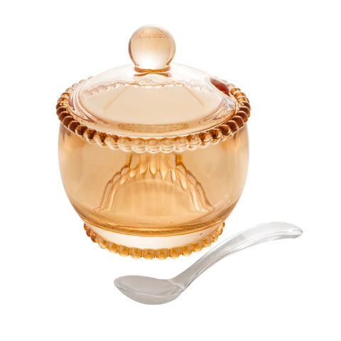 WOLFF Pearl Crystal Beaded Sugar Bowl in amber on table for elegant sugar storage.