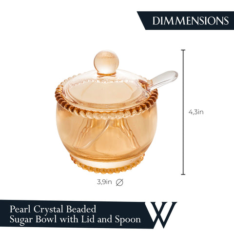 WOLFF Pearl Crystal Beaded Sugar Bowl with Spoon ready for serving.