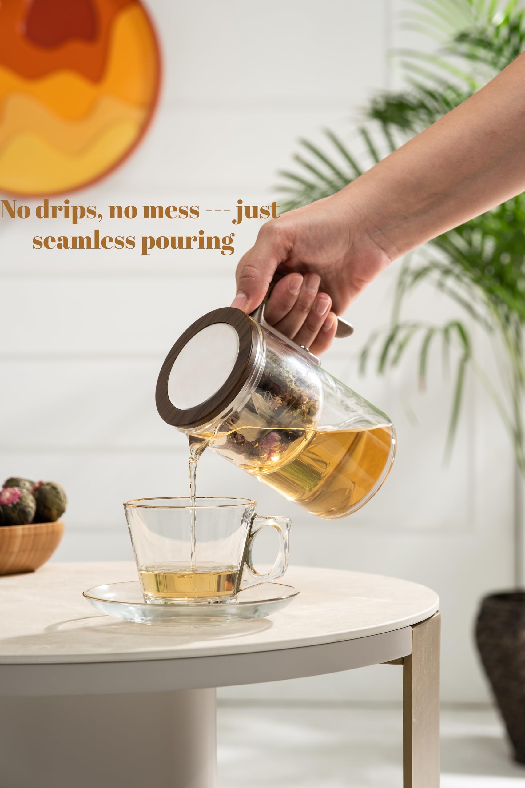 Elegant glass teapot design enhances modern or rustic kitchens while brewing.
