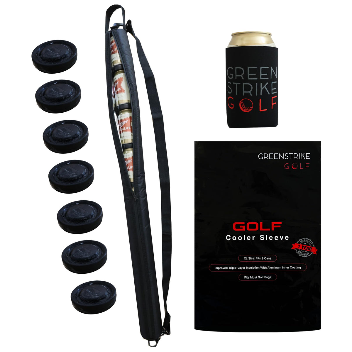 WOLVIO XL beer sleeve front view showing nine-can capacity for on-course drinks
