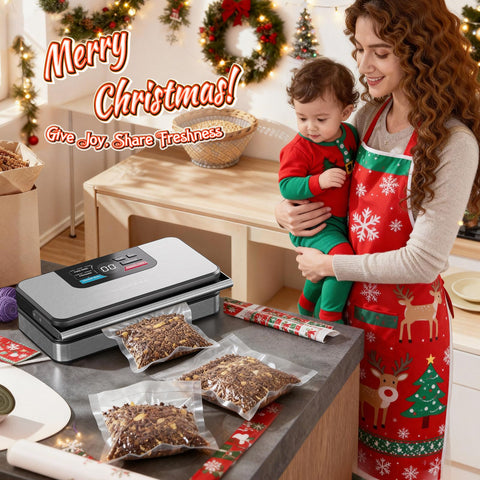 WONMAKE vacuum sealer digital display shows countdown timing for precise sealing.