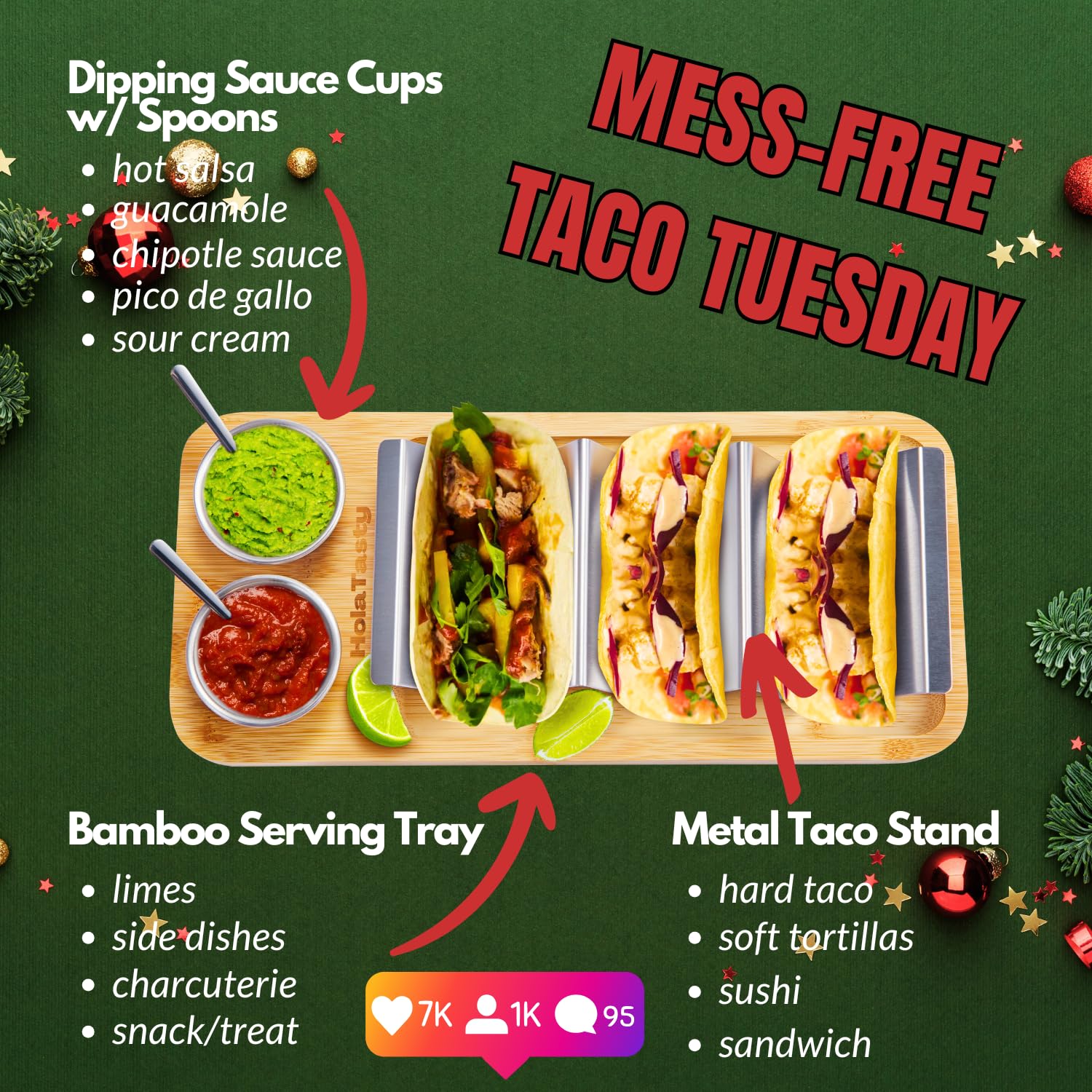 Woobud bamboo taco tray ready to transport tacos from kitchen to table.
