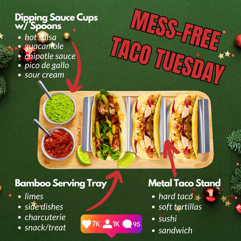 Woobud bamboo taco tray ready to transport tacos from kitchen to table.