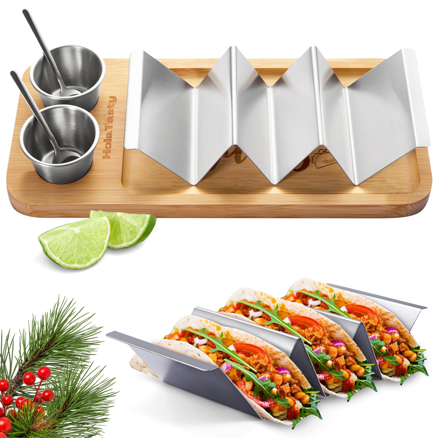 Woobud taco holder stand keeping tacos upright for tidy serving.