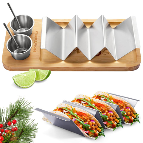 Woobud taco holder stand keeping tacos upright for tidy serving.