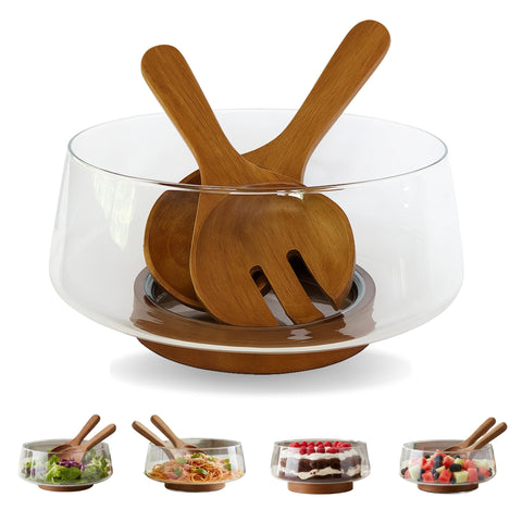 Wood & Whisk large glass salad bowl with acacia base, ideal for hosting fresh greens.
