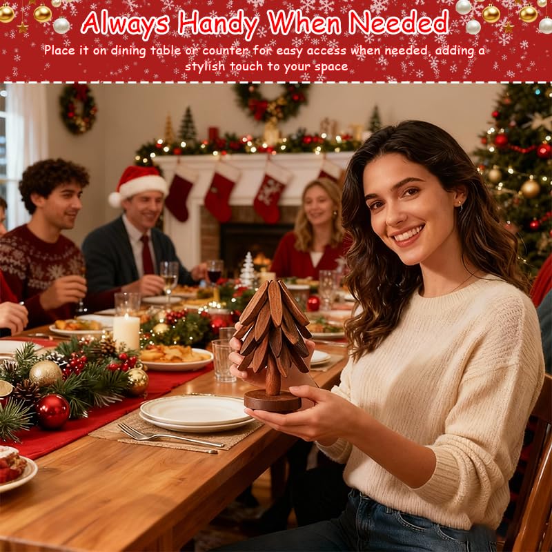 Wooden trivet tree stack-and-stand display demonstrates space-saving design.