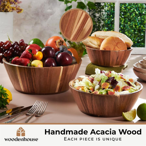 Woodenhouse 12-inch large round bowl highlights natural grain for impressive salad presentations.