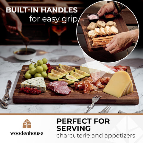 Woodenhouse acacia cutting board easy-clean surface for hand washing.