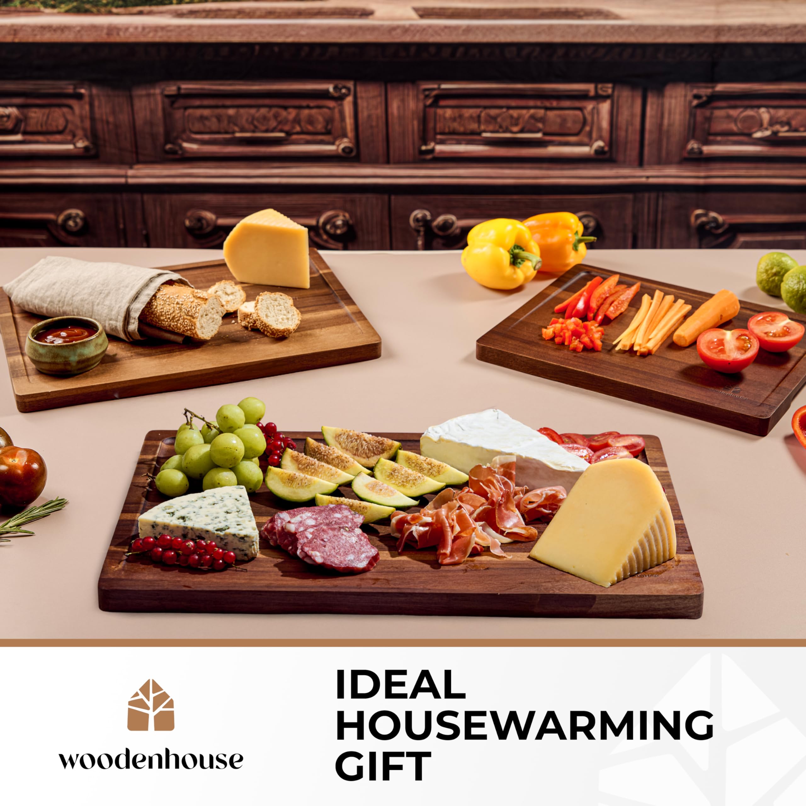Woodenhouse acacia cutting board holder helps organized storage and display.