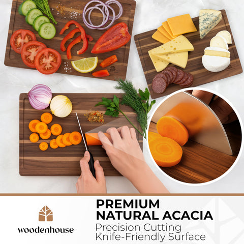 Woodenhouse acacia cutting board with juice grooves to catch drips.