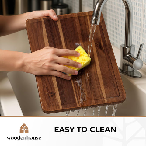 Woodenhouse acacia cutting board knife-friendly surface protects blades during chopping.