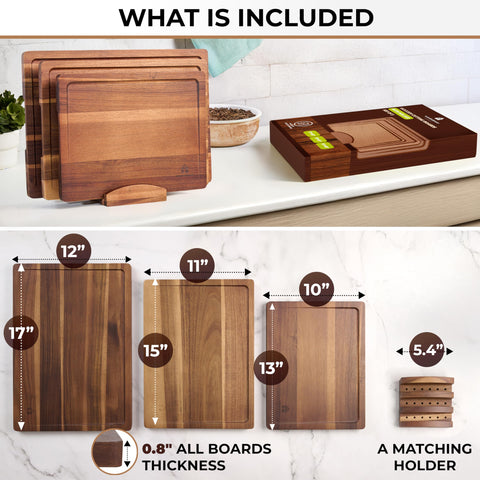 Woodenhouse acacia cutting board sizes 17x12, 15x11 and 13x10 for versatile prep.