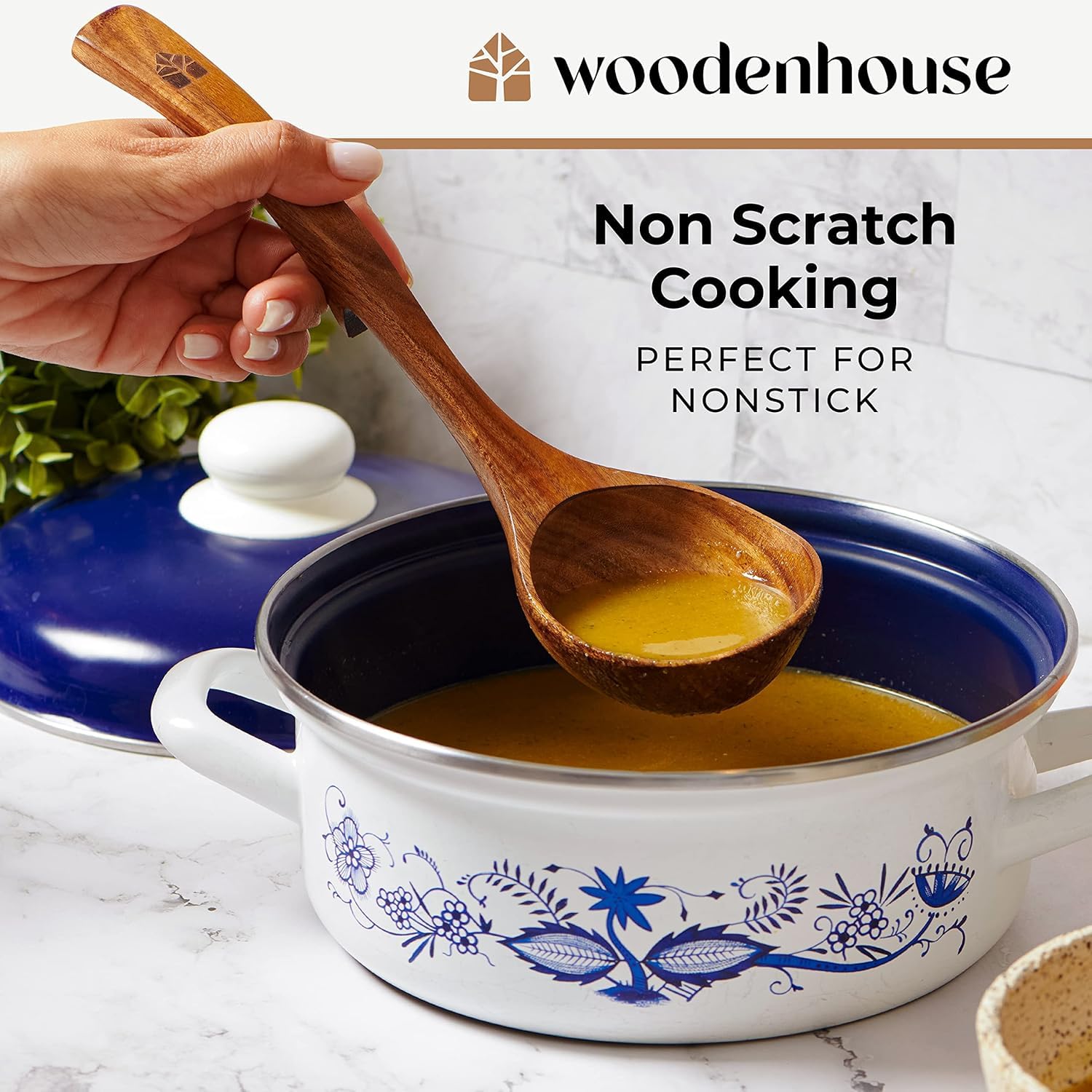 Woodenhouse back-hook design keeps ladles on pot rims.