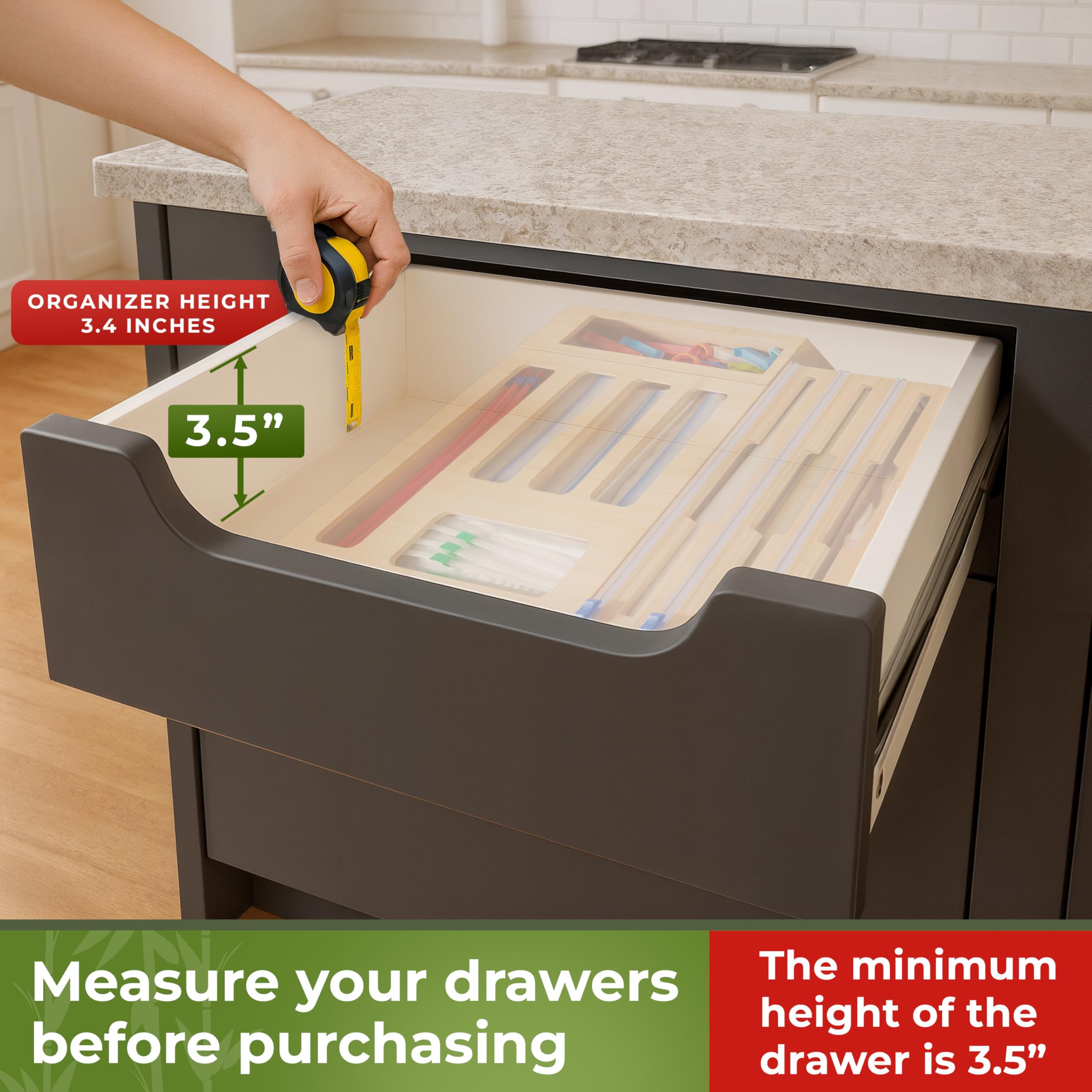Woodenhouse bamboo bag organizer in-drawer design stores sandwiches neatly.