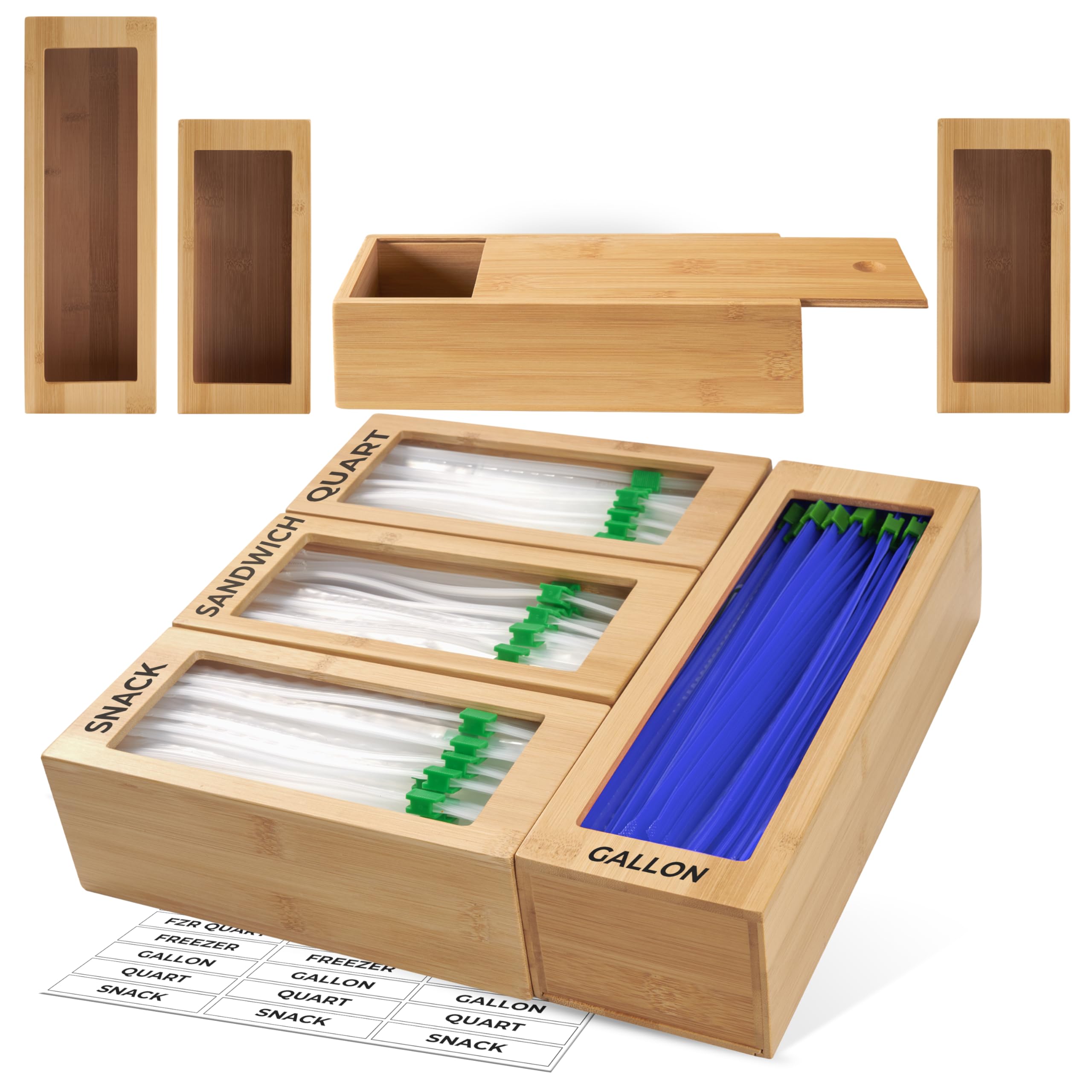 Woodenhouse bamboo baggie organizer in a drawer with four modular blocks for tidy storage