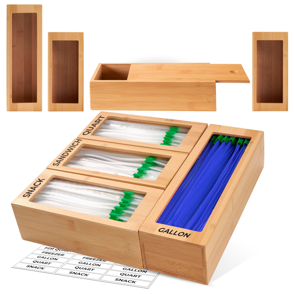 Woodenhouse bamboo baggie organizer in a drawer with four modular blocks for tidy storage