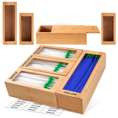 Woodenhouse bamboo baggie organizer in a drawer with four modular blocks for tidy storage