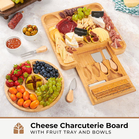 Woodenhouse bamboo cheese board utensils displayed for easy serving of meats and cheeses