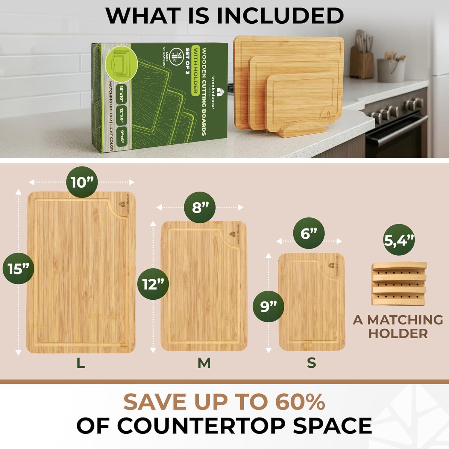 Deep juice grooves catch liquids to reduce countertop mess.