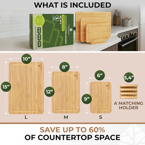 Deep juice grooves catch liquids to reduce countertop mess.