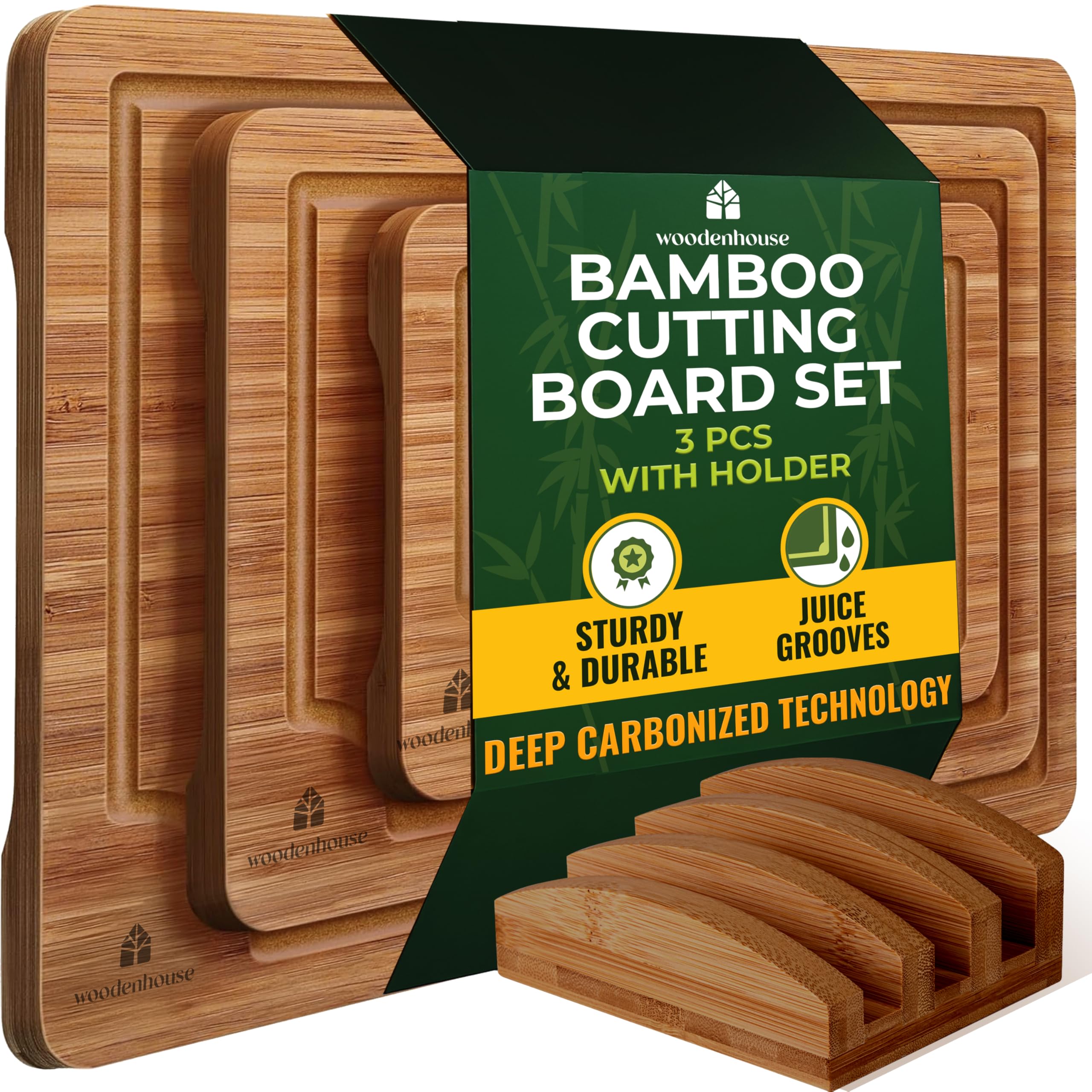 Woodenhouse bamboo cutting board set with holder arranged on counter for organized prep