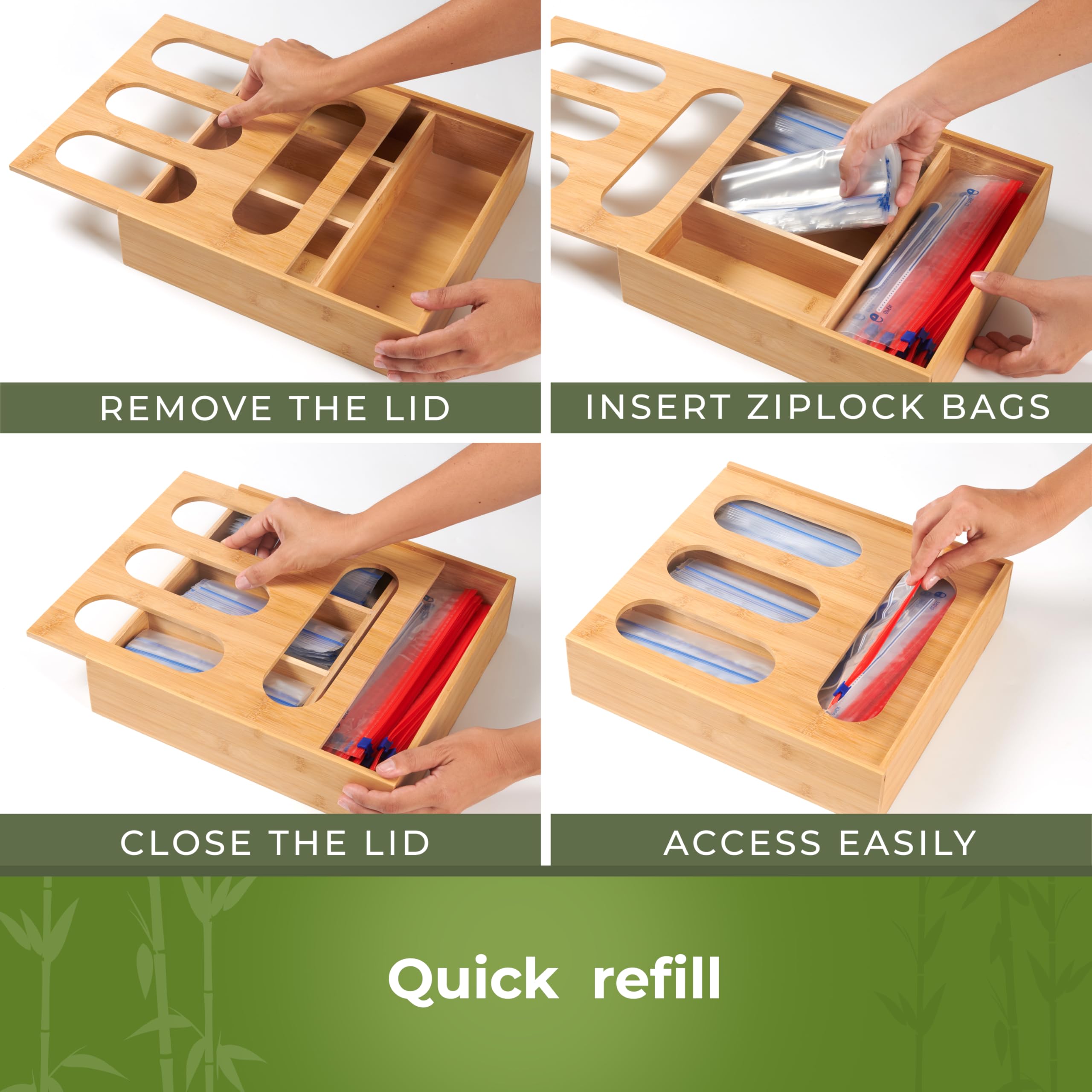 Woodenhouse bamboo storage bag organizer neatly arranges half gallon and quart bags.