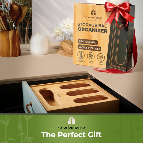 Woodenhouse bamboo storage bag organizer kitchen setup promotes tidy, clutter-free drawers.