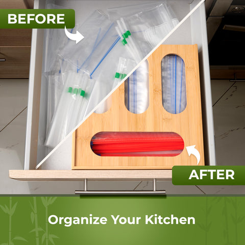 Woodenhouse bamboo storage bag organizer with labels helps you identify bags at a glance.