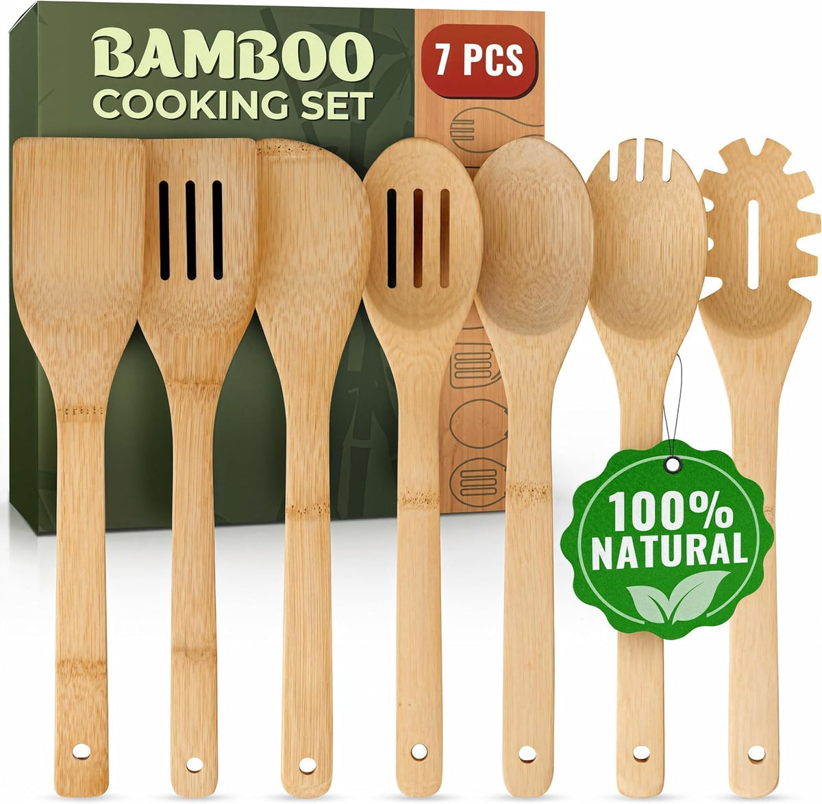 WoodenHouse bamboo utensil set with seven pieces for durable, non-stick friendly cooking.