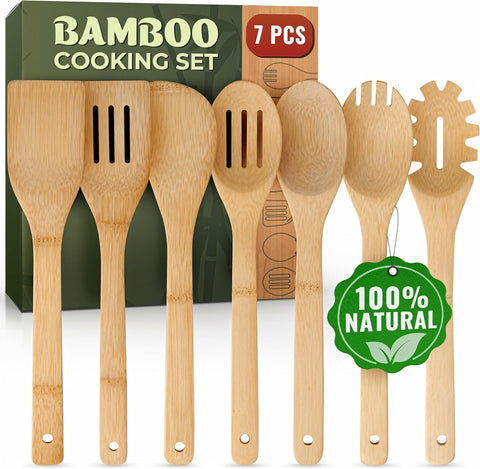 WoodenHouse bamboo utensil set with seven pieces for durable, non-stick friendly cooking.