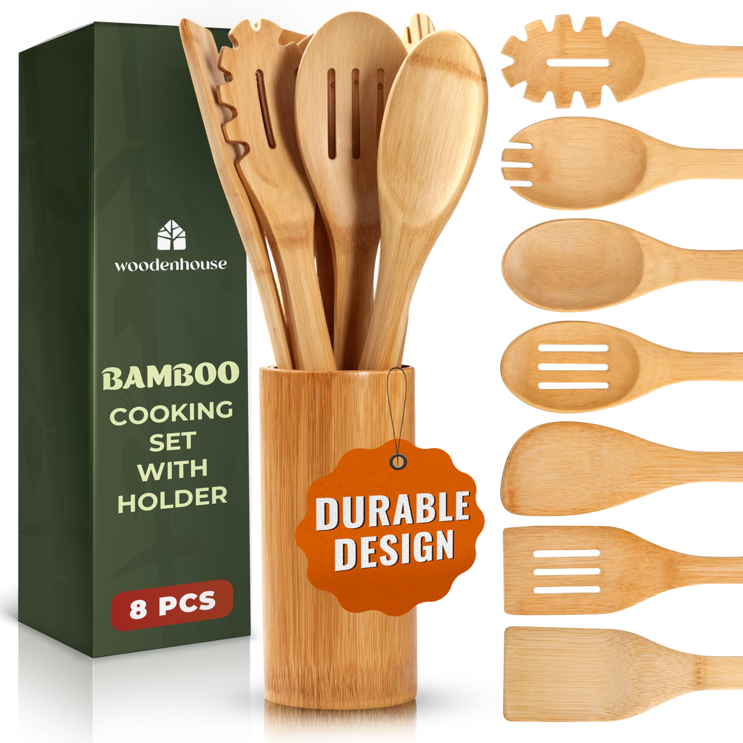 WoodenHouse bamboo utensils 7-piece set with holder, ideal for nonstick cookware and organized storage.