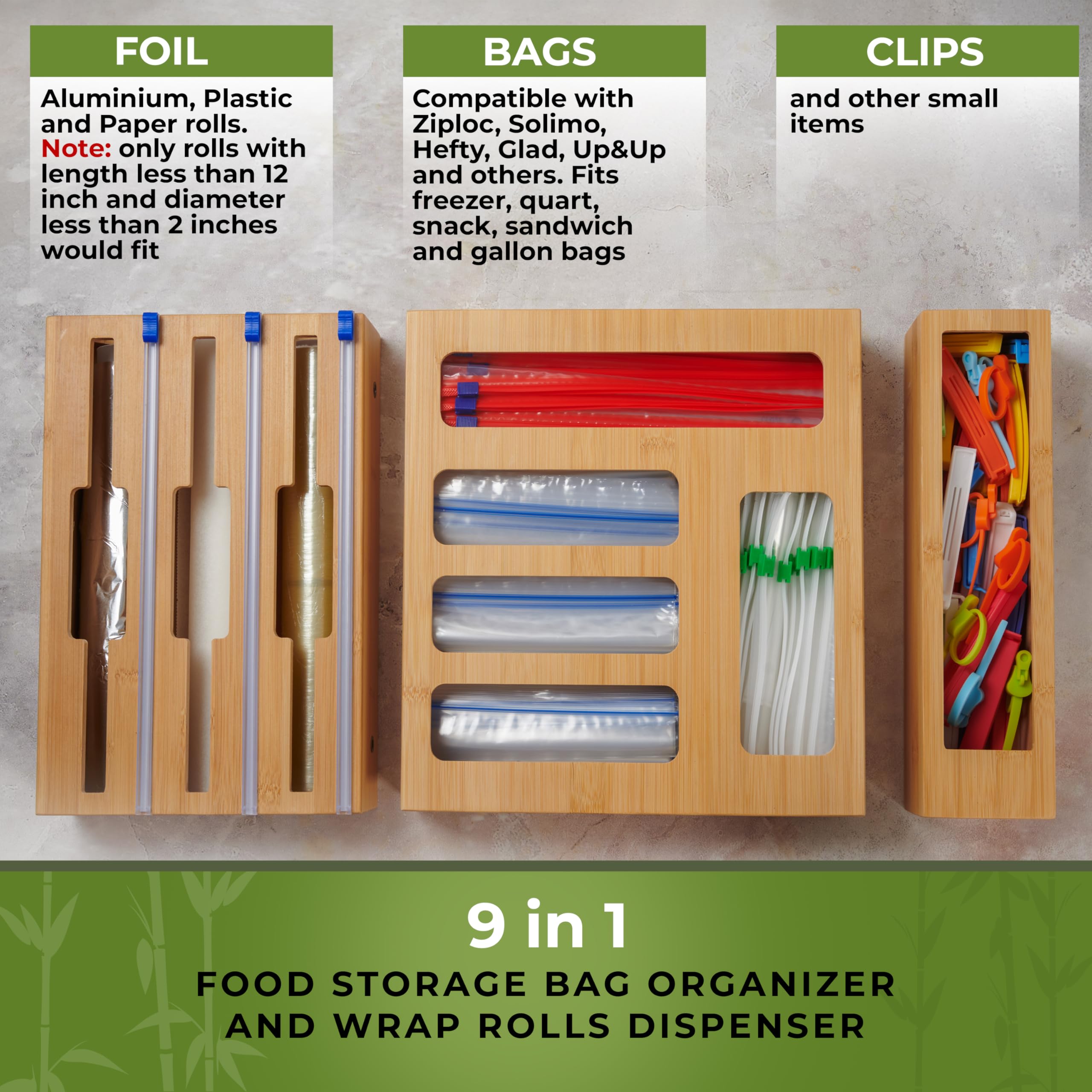 Woodenhouse foil wrap dispensing slot keeps rolls organized and accessible.