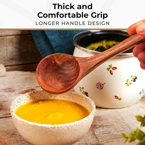 Woodenhouse handcrafted teak ladle adds warmth to serving bowls and pots.