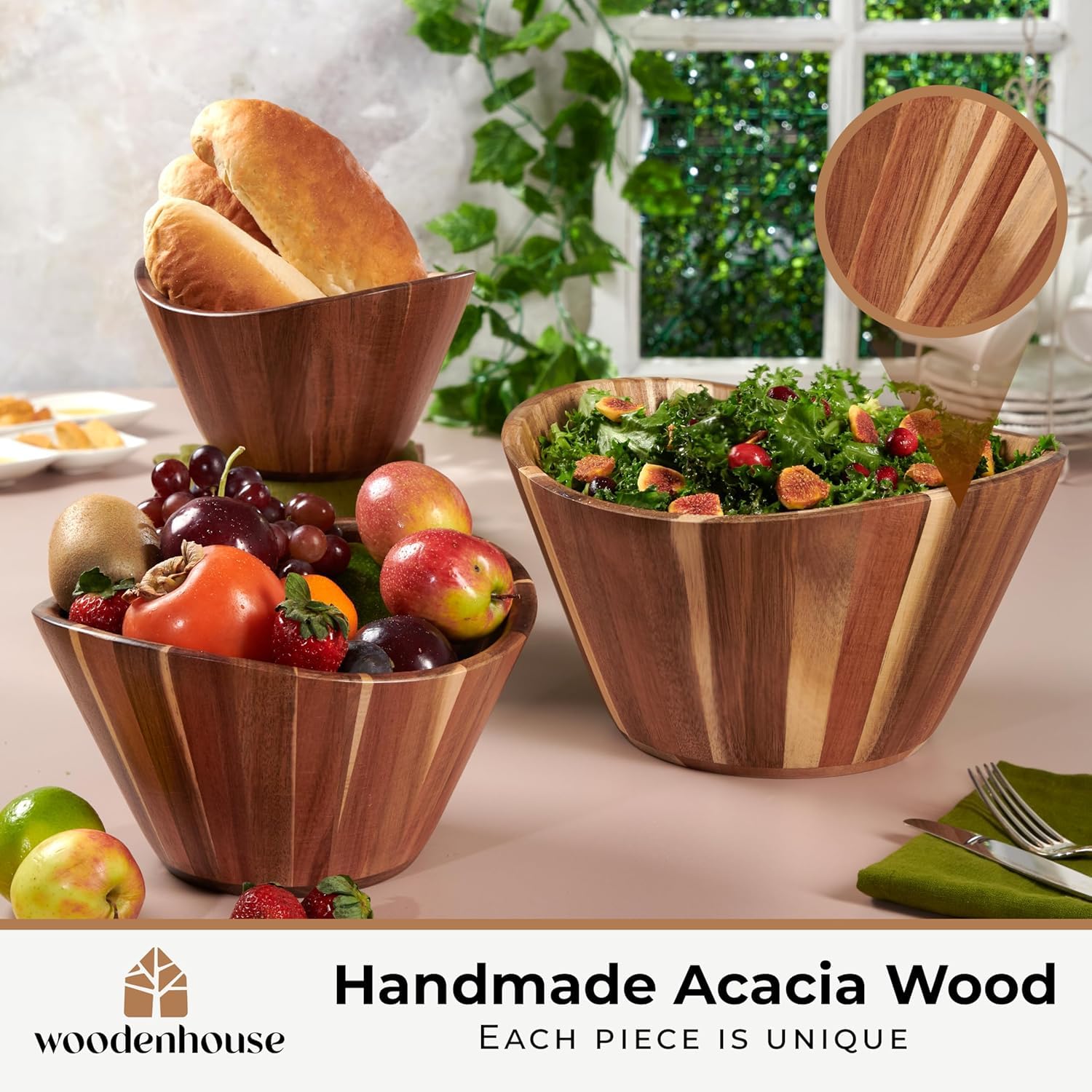 Woodenhouse salad bowl set medium 10 inch brightens table with warm wood tones.