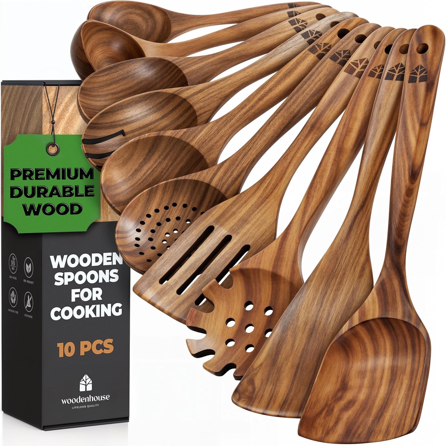Woodenhouse 10pc teak utensil set – full view of durable kitchen tools