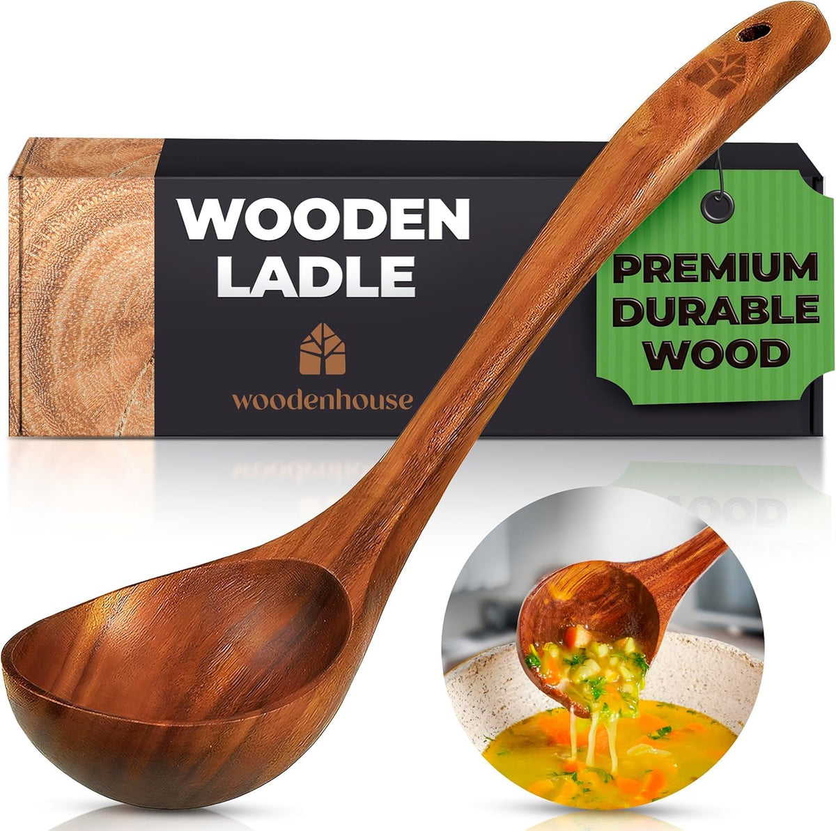 Woodenhouse teak ladle with 12.4 inch handle for smooth soup serving.