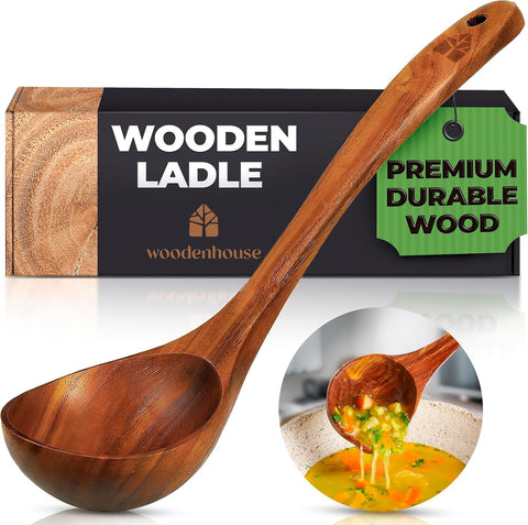 Woodenhouse teak ladle with 12.4 inch handle for smooth soup serving.