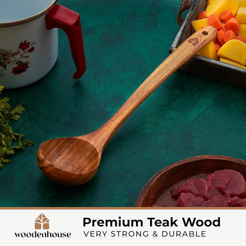 Woodenhouse teak ladle suited for soups and stews with easy serving.