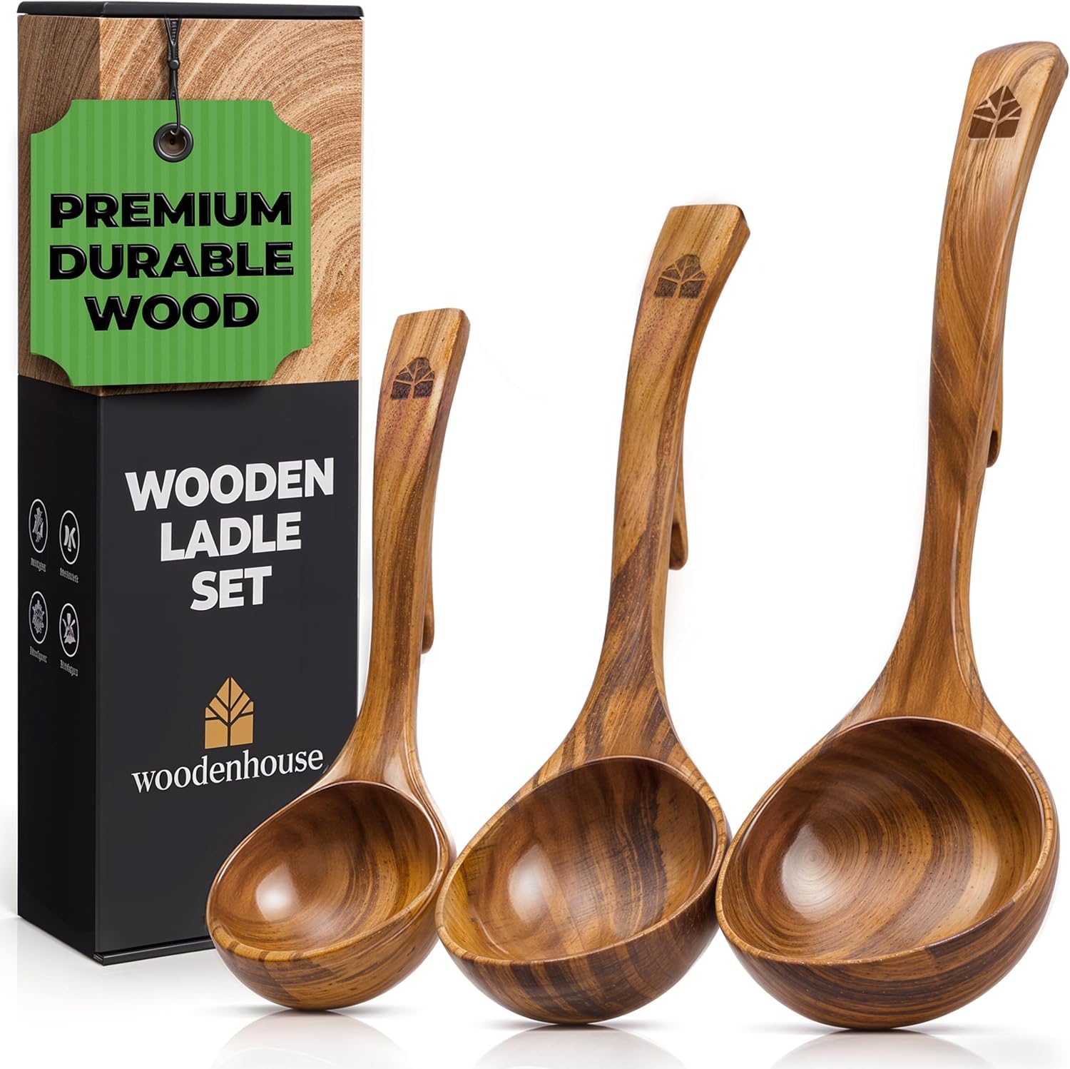 Woodenhouse teak ladle large for hearty soups and stews.