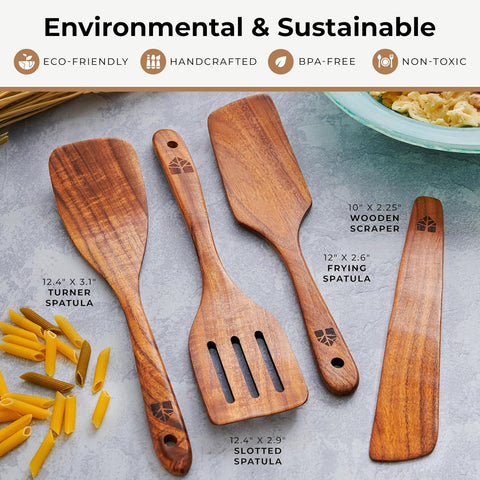 Woodenhouse teak spatula in-use on a hot skillet shows safe contact.