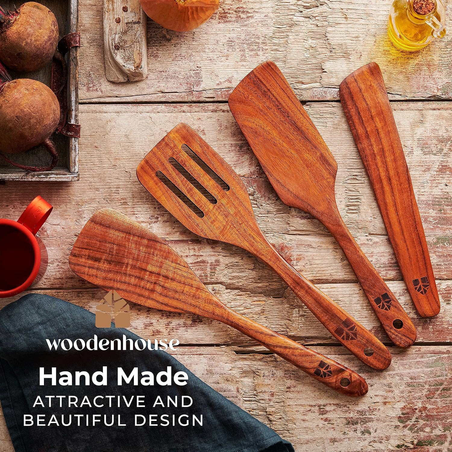 Woodenhouse teak spatula nonstick-safe design protects cookware surfaces.