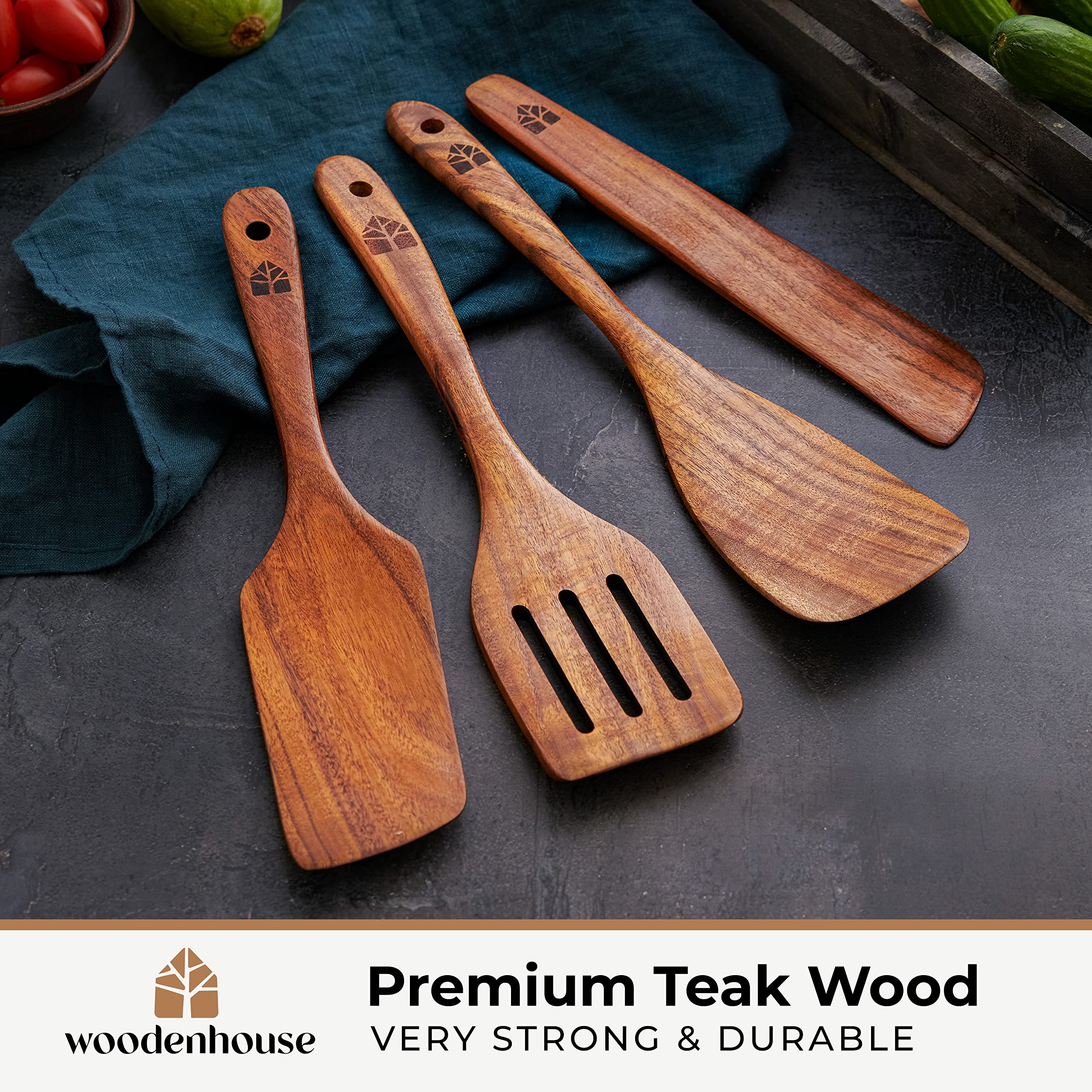 Woodenhouse teak spatula slotted spurtle drains fats while cooking.