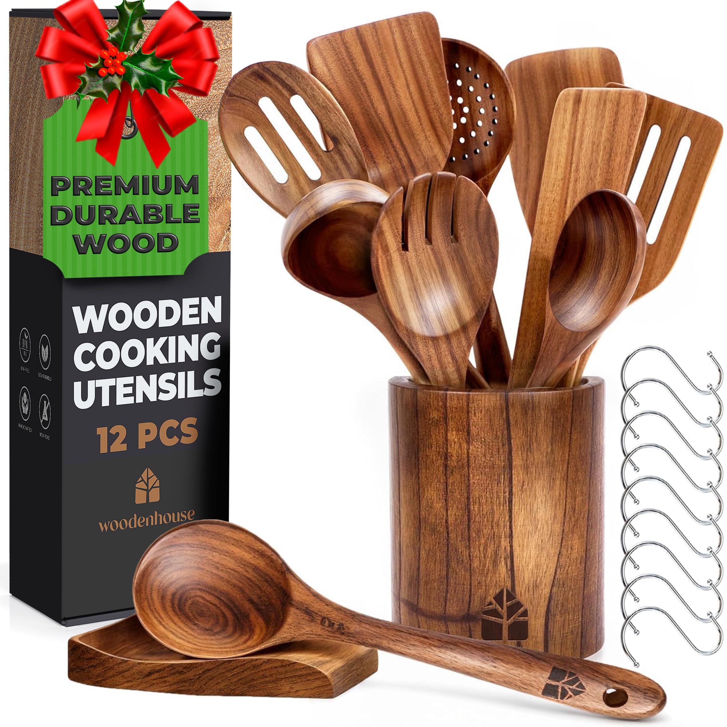 Woodenhouse teak spoons and utensils set shown with holder for durable, scratch-free cooking.