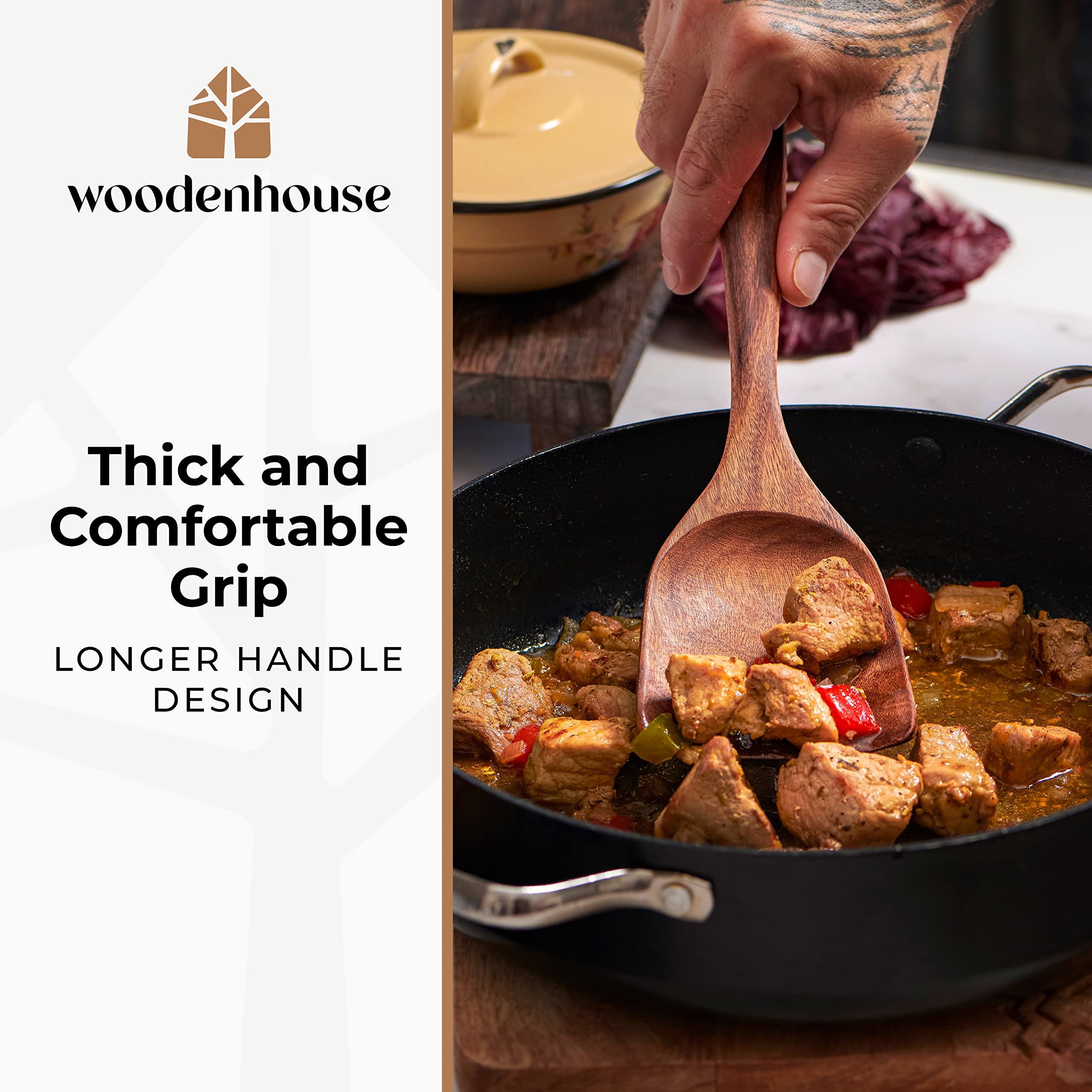 Woodenhouse teak ladle pouring soup, heat resistant and sturdy