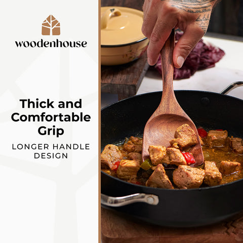 Woodenhouse teak ladle pouring soup, heat resistant and sturdy