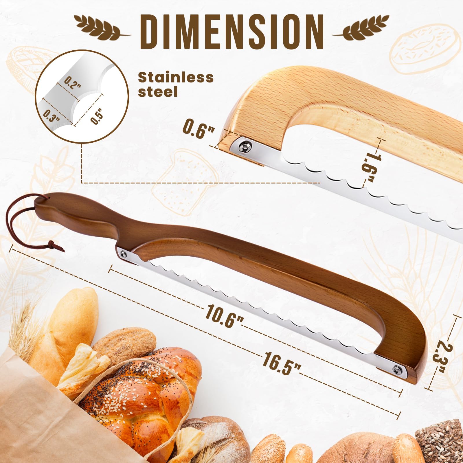 Woodever bread knife showing ergonomic cherry wood handle for comfort.