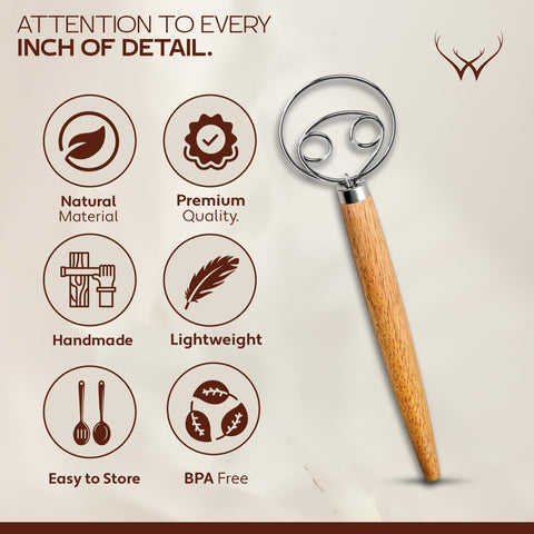 Woodlands USA bread dough whisk supports sticky doughs and efficient prep.